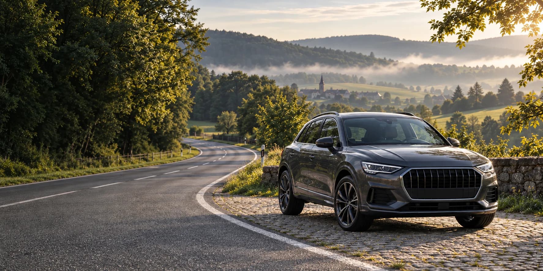 SUV gris anthracite au bord d’une route de campagne sinueuse dans la lumière du matin