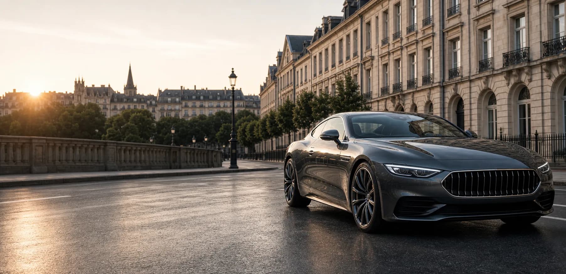 Voiture grand tourisme sombre sur un boulevard urbain calme